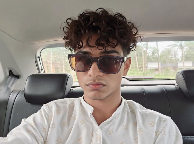 A young man with stylish hair, wearing oversized sunglasses, seated in a car with a neutral expression