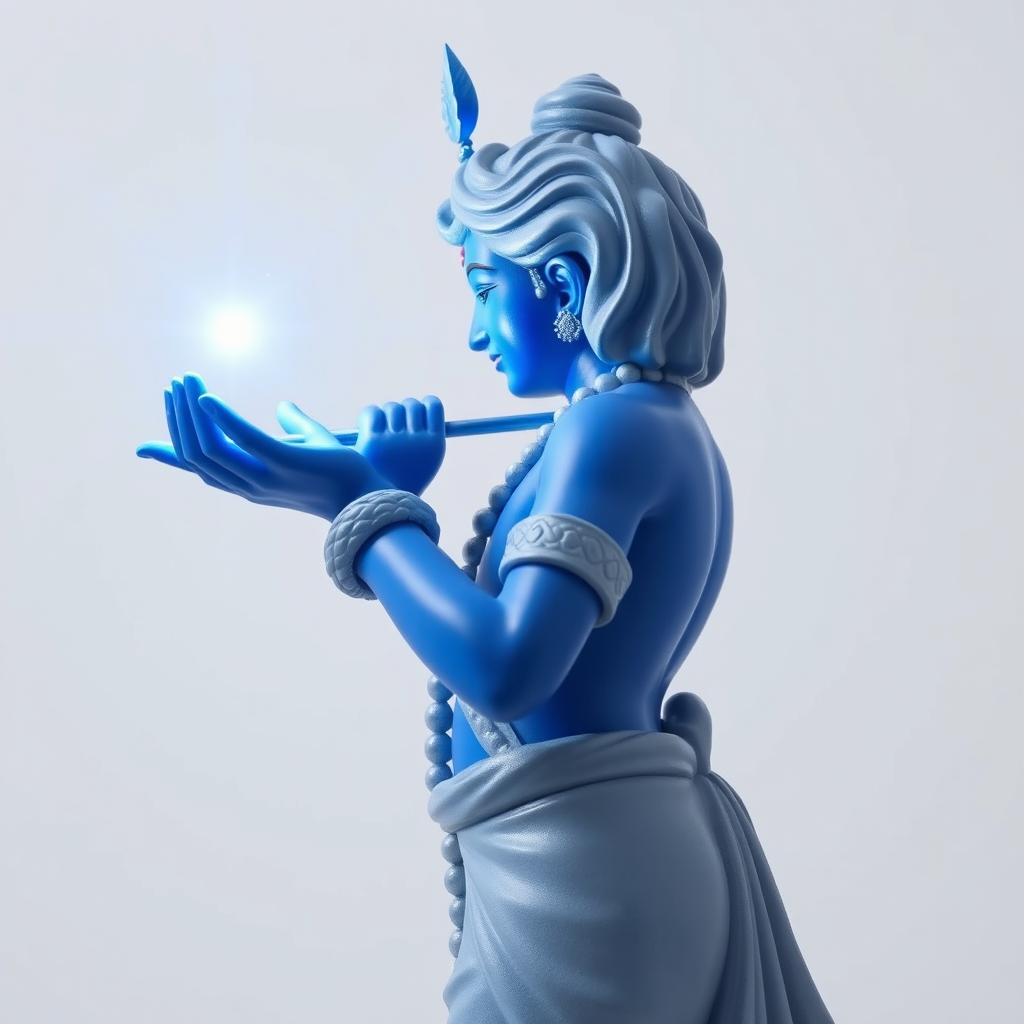 A blue Shree Krishna figure depicted in a side view, showcasing an outstretched hand from which a radiant light is emitting