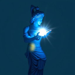 A blue Shree Krishna figure depicted in a side view, showcasing an outstretched hand from which a radiant light is emitting