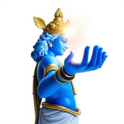 A blue Shree Krishna figure depicted in a side view, showcasing an outstretched hand from which a radiant light is emitting