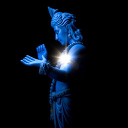 A blue Shree Krishna figure depicted in a side view, showcasing an outstretched hand from which a radiant light is emitting