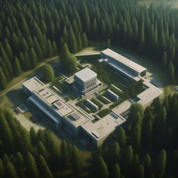 aerial view futuristic maximum-security penitentiary in the middle of forest in broad daylight based on https://files.dreamhome.software/files/static/36926