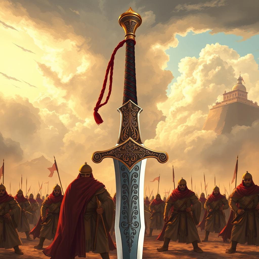 A majestic illustration of Zulfiqar, the legendary sword of Ali ibn Abi Talib, depicted in a historical and valorous context