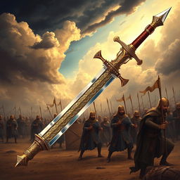 A majestic illustration of Zulfiqar, the legendary sword of Ali ibn Abi Talib, depicted in a historical and valorous context