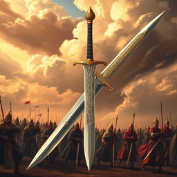 A majestic illustration of Zulfiqar, the legendary sword of Ali ibn Abi Talib, depicted in a historical and valorous context