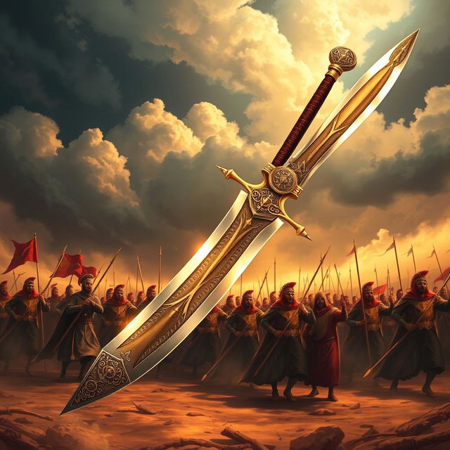 A majestic illustration of Zulfiqar, the legendary sword of Ali ibn Abi Talib, depicted in a historical and valorous context