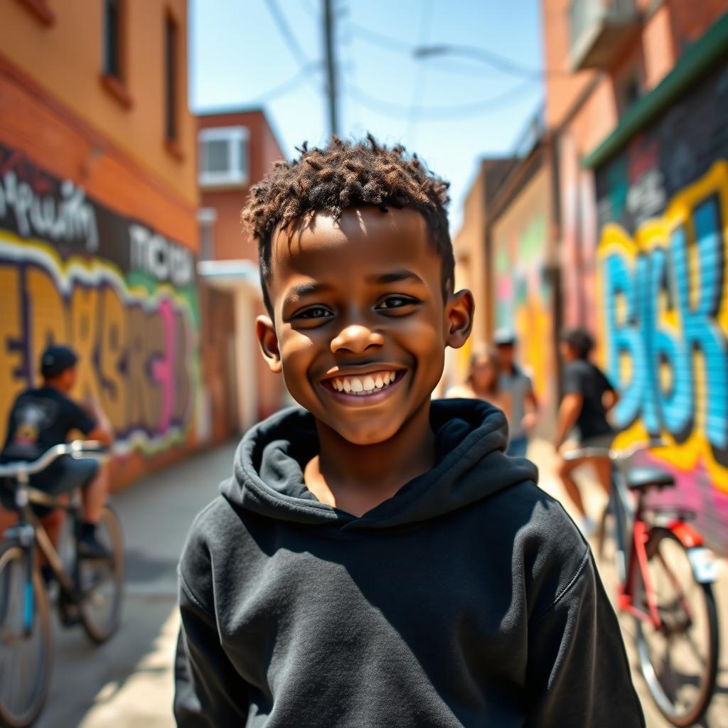 A confident young Black boy standing proudly with a big smile, wearing a stylish black upper garment like a hoodie