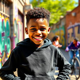 A confident young Black boy standing proudly with a big smile, wearing a stylish black upper garment like a hoodie