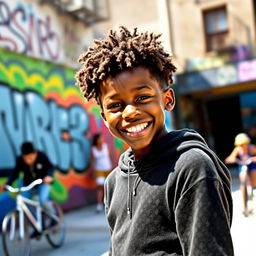A confident young Black boy standing proudly with a big smile, wearing a stylish black upper garment like a hoodie