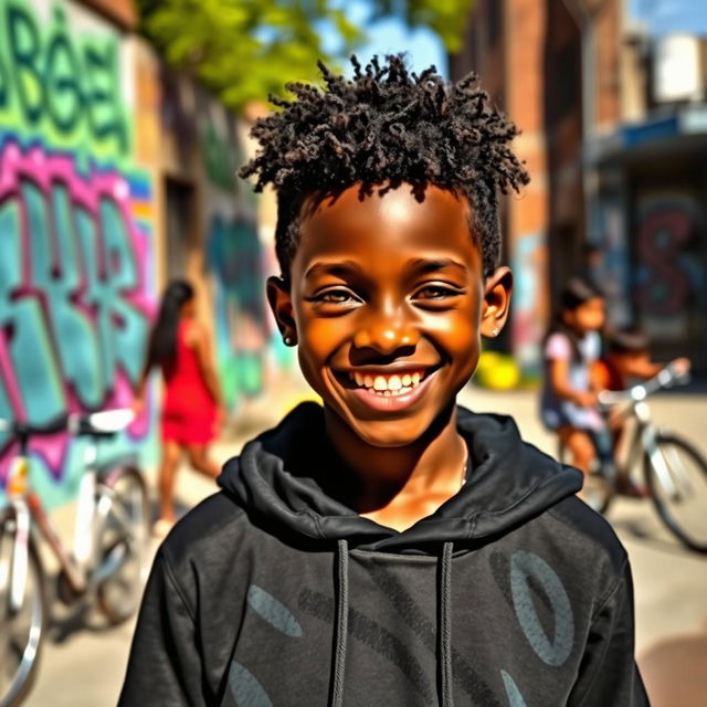 A confident young Black boy standing proudly with a big smile, wearing a stylish black upper garment like a hoodie