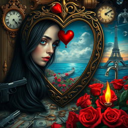 A beautiful, stunning young woman with long black hair and captivating crystal blue eyes is crying in a surreal, dreamy psychedelic landscape inspired by Salvador Dali