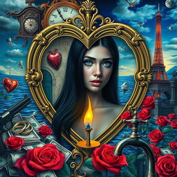 A beautiful, stunning young woman with long black hair and captivating crystal blue eyes is crying in a surreal, dreamy psychedelic landscape inspired by Salvador Dali