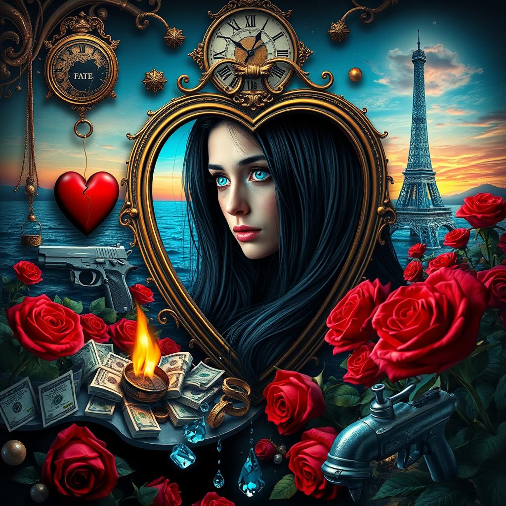 A beautiful, stunning young woman with long black hair and captivating crystal blue eyes is crying in a surreal, dreamy psychedelic landscape inspired by Salvador Dali