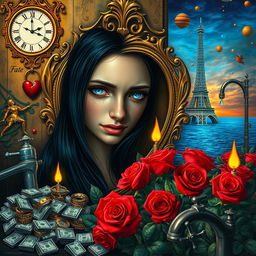 A beautiful, stunning young woman with long black hair and captivating crystal blue eyes is crying in a surreal, dreamy psychedelic landscape inspired by Salvador Dali