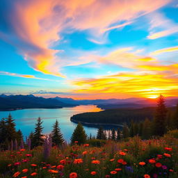 A stunningly beautiful landscape featuring a vibrant sunset over a serene lake, surrounded by lush green trees and colorful wildflowers in the foreground