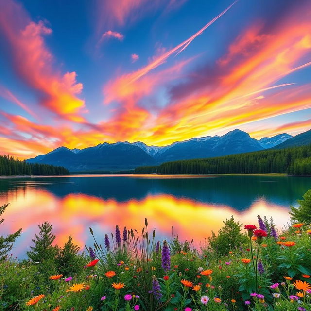 A stunningly beautiful landscape featuring a vibrant sunset over a serene lake, surrounded by lush green trees and colorful wildflowers in the foreground