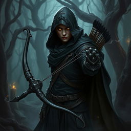 A dark-themed ranger character in a Dungeons & Dragons fantasy setting, featuring a mysterious and powerful aura