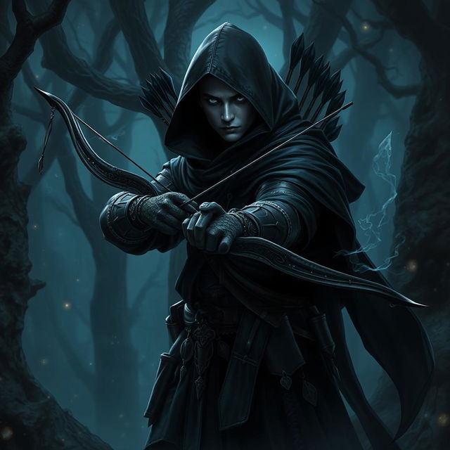 A dark-themed ranger character in a Dungeons & Dragons fantasy setting, featuring a mysterious and powerful aura