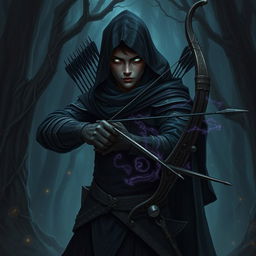 A dark-themed ranger character in a Dungeons & Dragons fantasy setting, featuring a mysterious and powerful aura