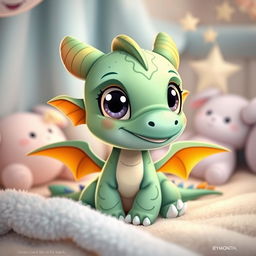 A cute, cartoon-style baby dragon named Zavion Josetkai Eizel, aged one month