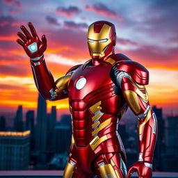 A heroic figure resembling Iron Man in his iconic suit, striking the signature pose with one arm raised, showcasing his repulsor rays