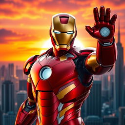 A heroic figure resembling Iron Man in his iconic suit, striking the signature pose with one arm raised, showcasing his repulsor rays