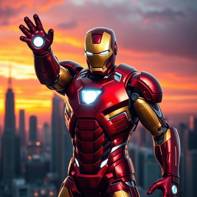 A heroic figure resembling Iron Man in his iconic suit, striking the signature pose with one arm raised, showcasing his repulsor rays