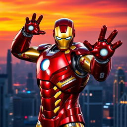 A heroic figure resembling Iron Man in his iconic suit, striking the signature pose with one arm raised, showcasing his repulsor rays
