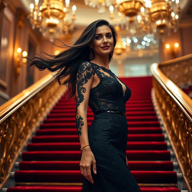 An elegant woman in her mid-30s, with flowing long dark hair, wearing a stunning black evening gown with intricate lace details that catches the light beautifully