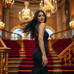 An elegant woman in her mid-30s, with flowing long dark hair, wearing a stunning black evening gown with intricate lace details that catches the light beautifully