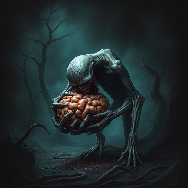 A surreal and eerie scene depicting a brain-eating creature in a dark, shadowy environment