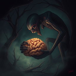 A surreal and eerie scene depicting a brain-eating creature in a dark, shadowy environment