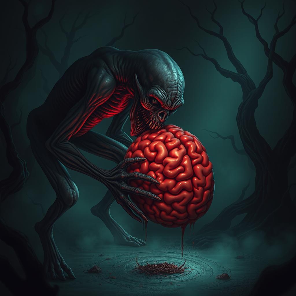 A surreal and eerie scene depicting a brain-eating creature in a dark, shadowy environment