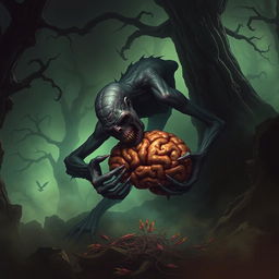 A surreal and eerie scene depicting a brain-eating creature in a dark, shadowy environment