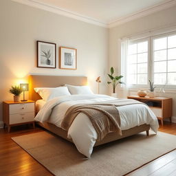 A serene bedroom scene featuring a neatly made bed with soft white sheets and a decorative blanket, stylish bedside tables, and warm ambient lighting