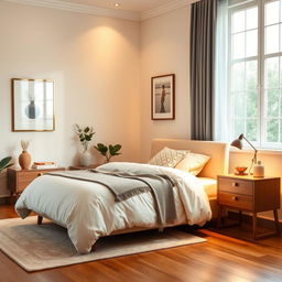 A serene bedroom scene featuring a neatly made bed with soft white sheets and a decorative blanket, stylish bedside tables, and warm ambient lighting