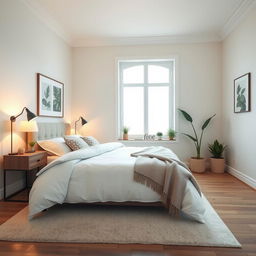A serene bedroom scene featuring a neatly made bed with soft white sheets and a decorative blanket, stylish bedside tables, and warm ambient lighting