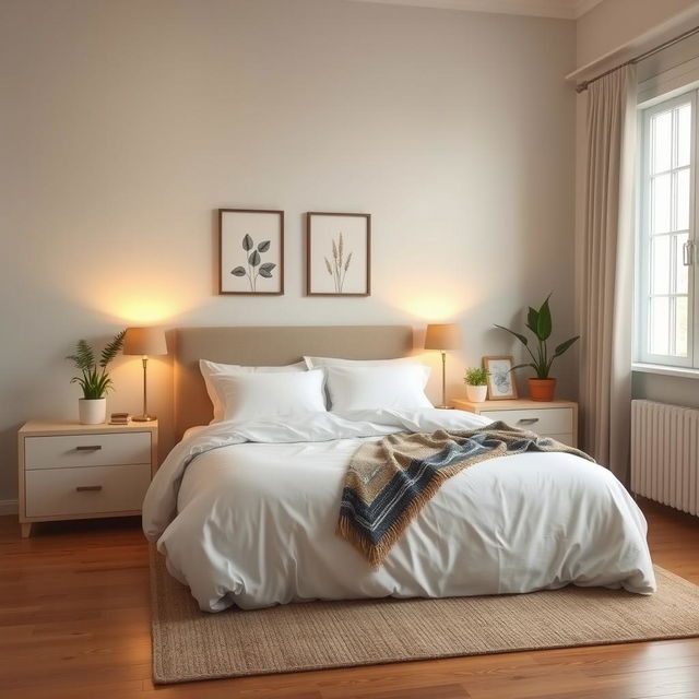 A serene bedroom scene featuring a neatly made bed with soft white sheets and a decorative blanket, stylish bedside tables, and warm ambient lighting