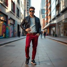 A fashionable adult wearing stylish pants, striking a confident pose on a vibrant city street
