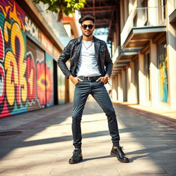 A fashionable adult wearing stylish pants, striking a confident pose on a vibrant city street