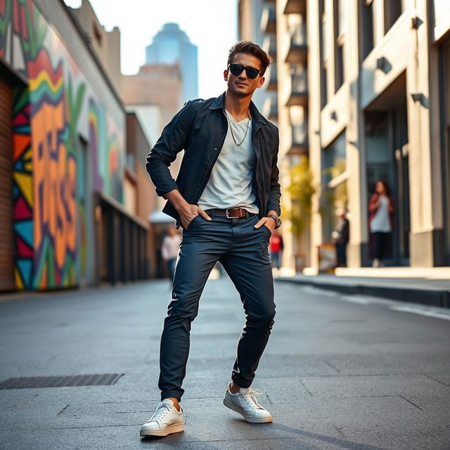 A fashionable adult wearing stylish pants, striking a confident pose on a vibrant city street