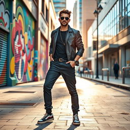 A fashionable adult wearing stylish pants, striking a confident pose on a vibrant city street