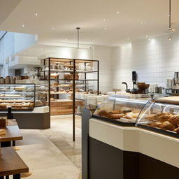 A modern bakery cafe with white tiled and stoned interiors, beckoning a London style. The space is filled with contemporary furniture, pastries artistically displayed in glass showcases and a state-of-the-art coffee brewing station.