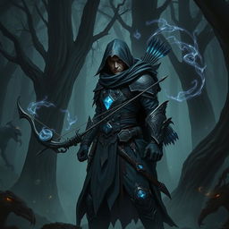 A dark-themed ranger character in a Dungeons & Dragons fantasy setting, showcasing an imposing yet elegant design