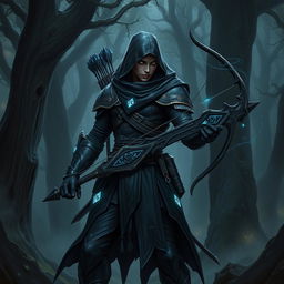 A dark-themed ranger character in a Dungeons & Dragons fantasy setting, showcasing an imposing yet elegant design