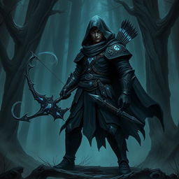 A dark-themed ranger character in a Dungeons & Dragons fantasy setting, showcasing an imposing yet elegant design