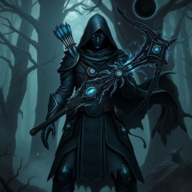 A dark-themed ranger character in a Dungeons & Dragons fantasy setting, showcasing an imposing yet elegant design