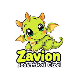 A whimsical and playful cartoon logo featuring a cute, one-month-old baby dragon named Zavion Josetkai Eizel