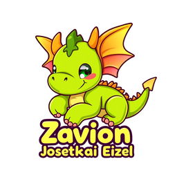 A whimsical and playful cartoon logo featuring a cute, one-month-old baby dragon named Zavion Josetkai Eizel