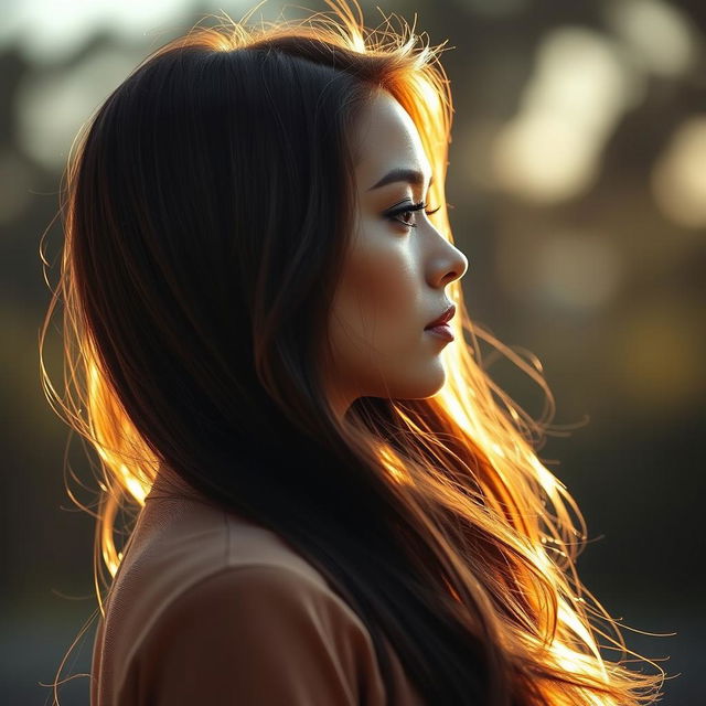 A beautifully detailed side profile of a woman, showcasing her elegant features and long flowing hair